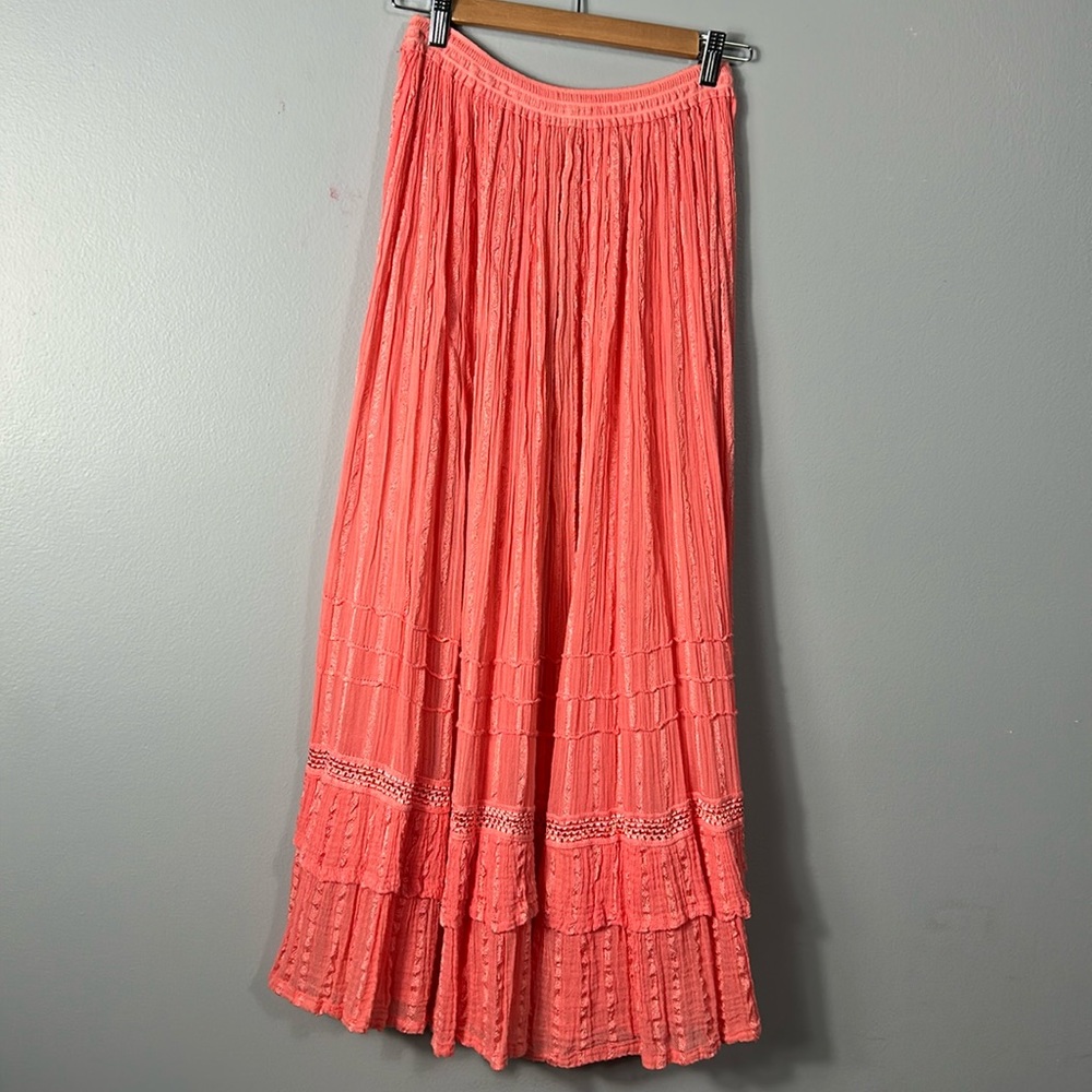 Orange Cotton Boho Maxi Skirt Elastic Band No lining